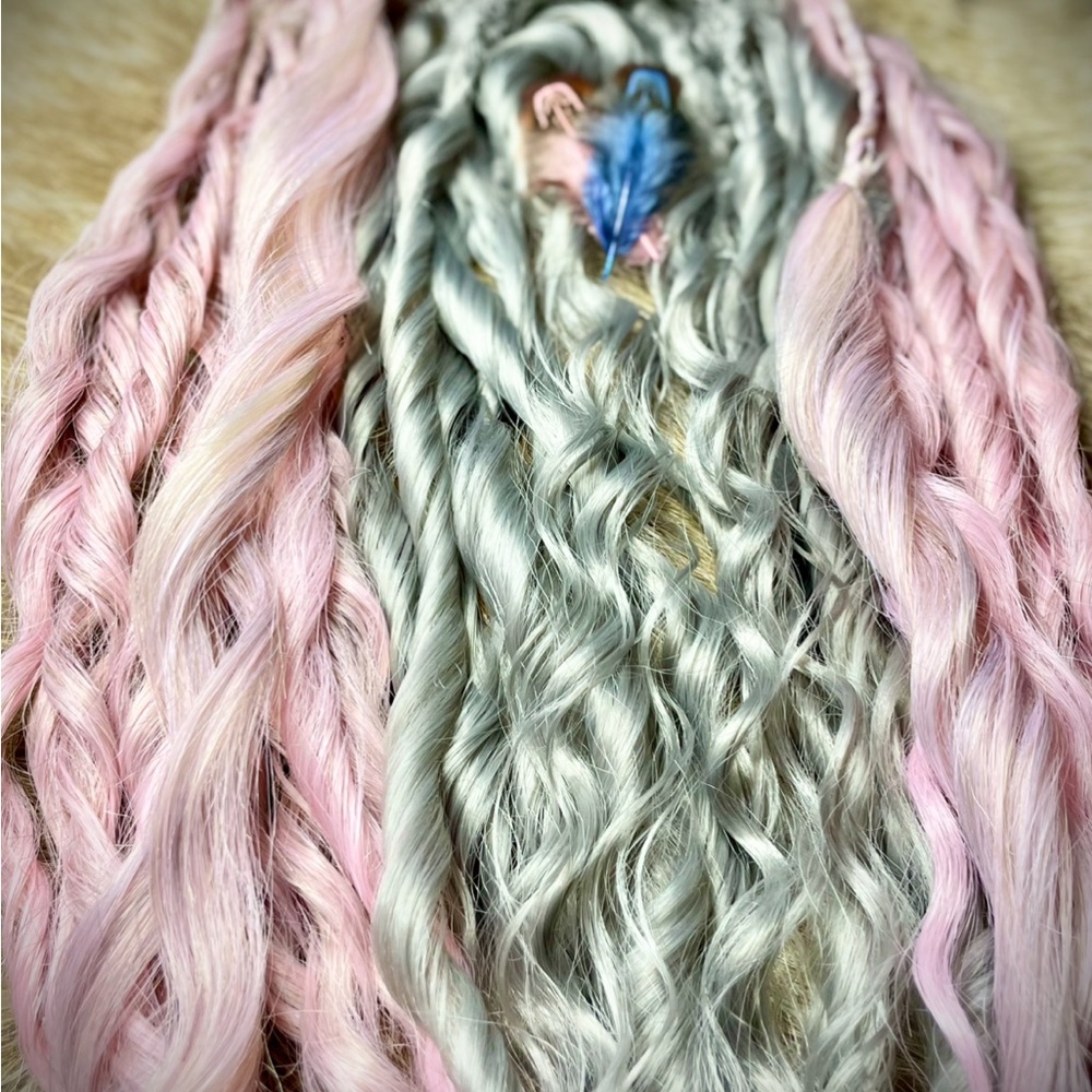 Curly Synthetic Dreadlock Extensions Pastel Pink and Gray •NEW•